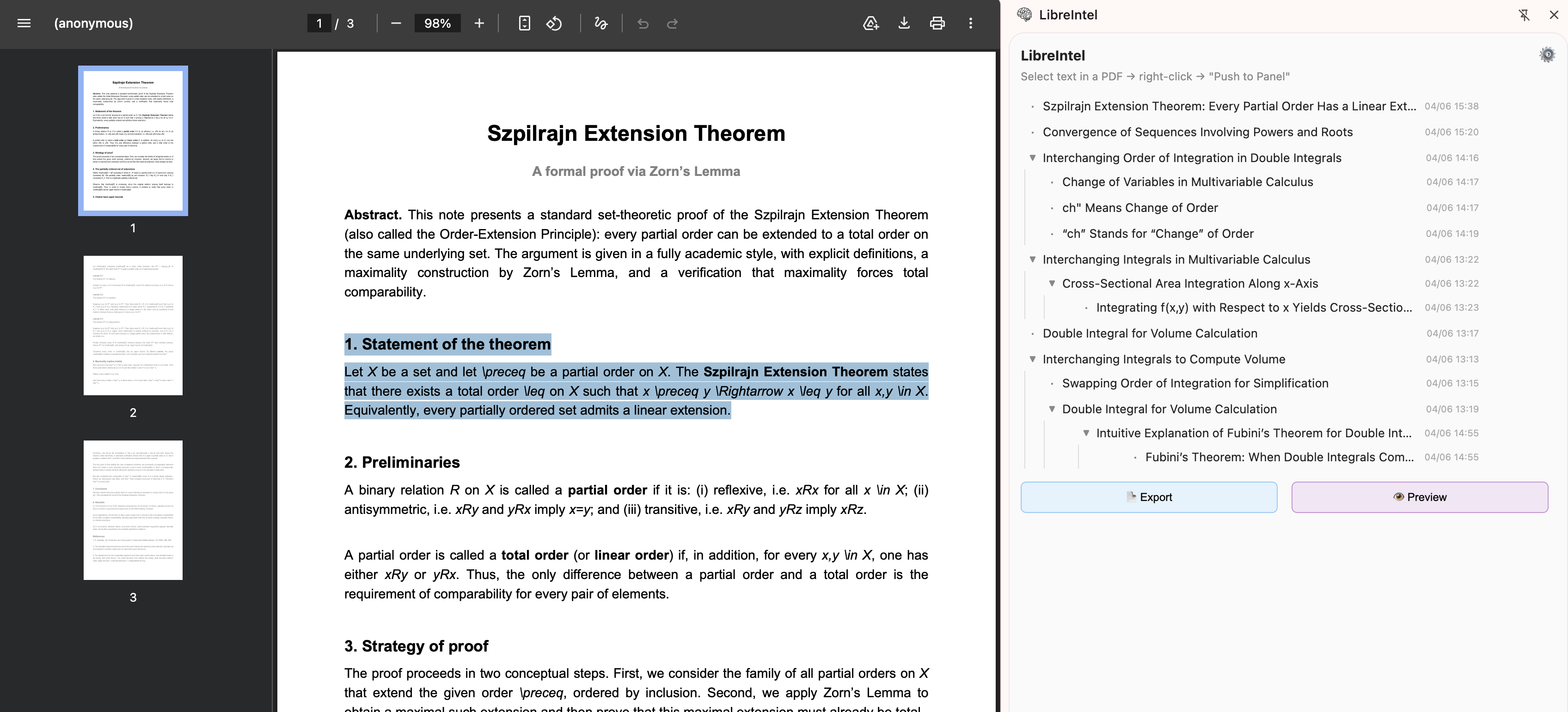 LibreIntel extension screenshot showing structured knowledge tree and AI chat