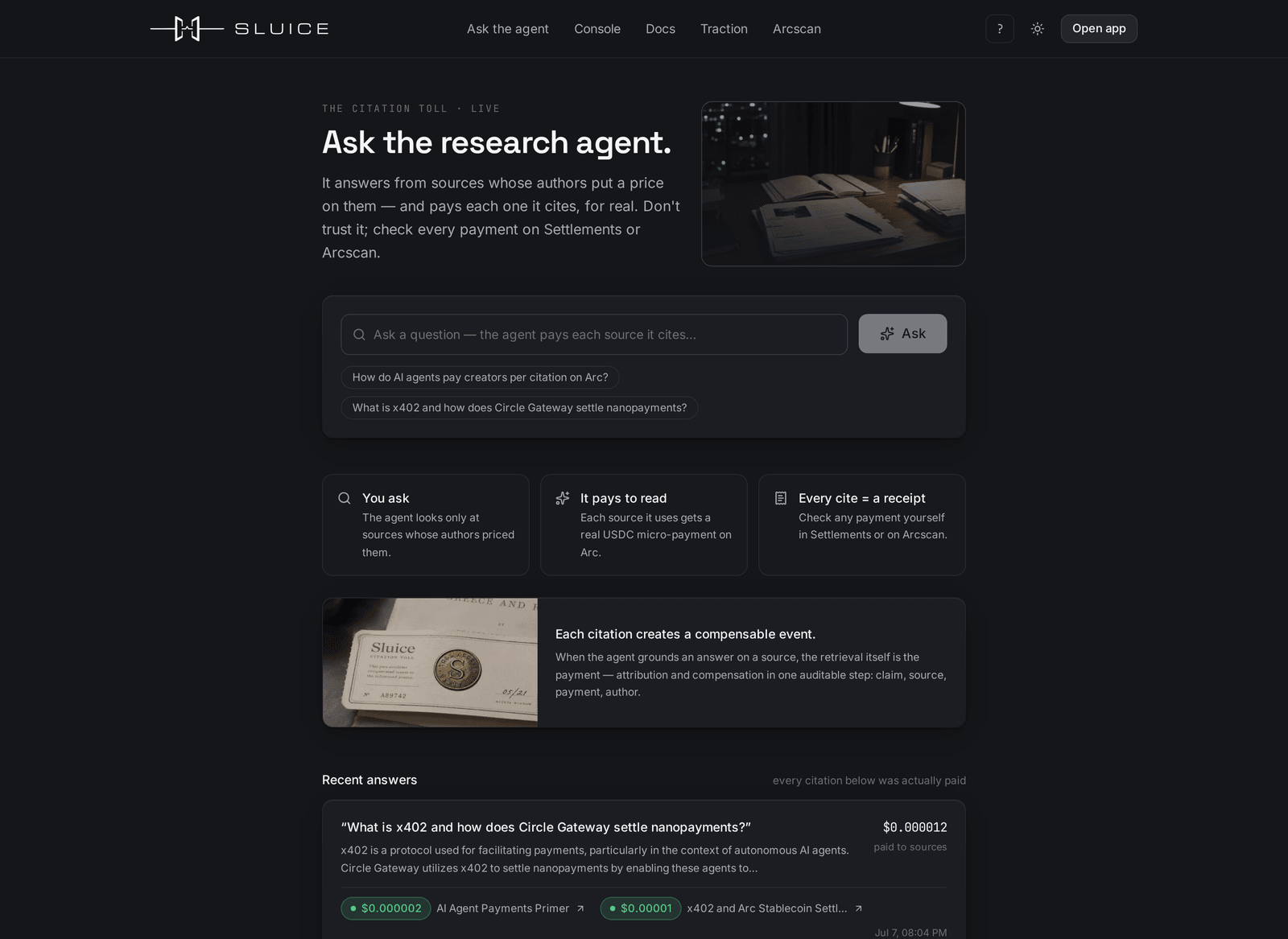 Ask the agent — every citation paid, receipts inline