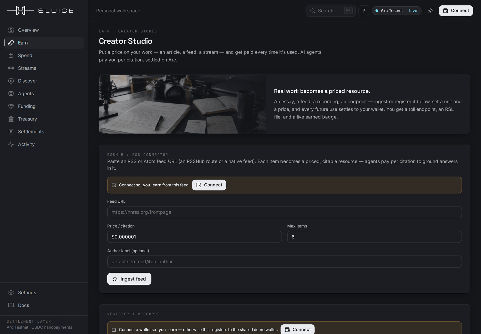 Creator Studio — register, price, earn