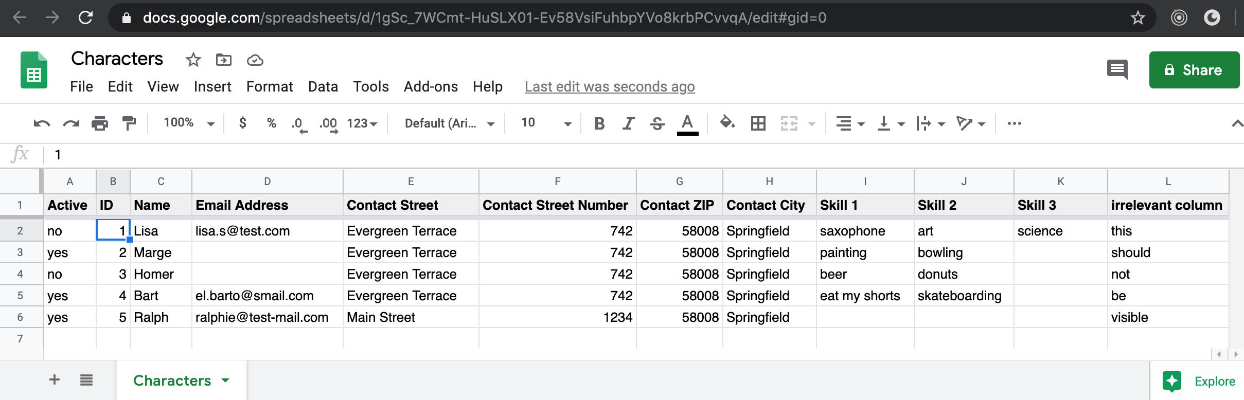 Google Sheets Table