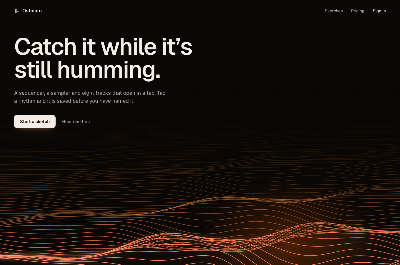 A rendered direction: a dark landing page whose headline reads Catch it while it's still humming, over orange sound waves