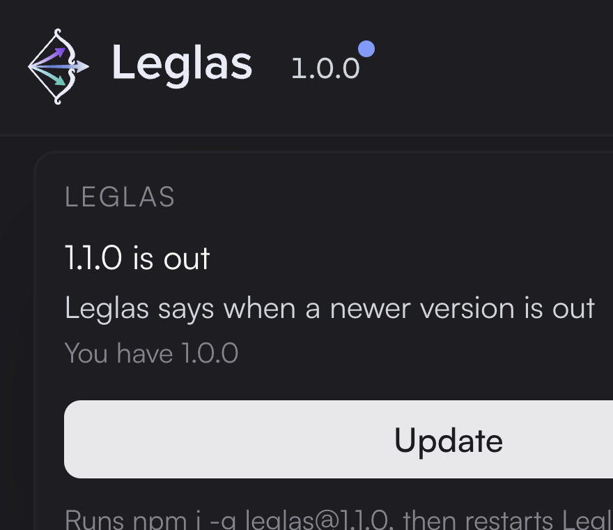 The version chip's panel: 1.1.0 is out, the release title, You have 1.0.0, an Update button and Skip, and the command Update will run