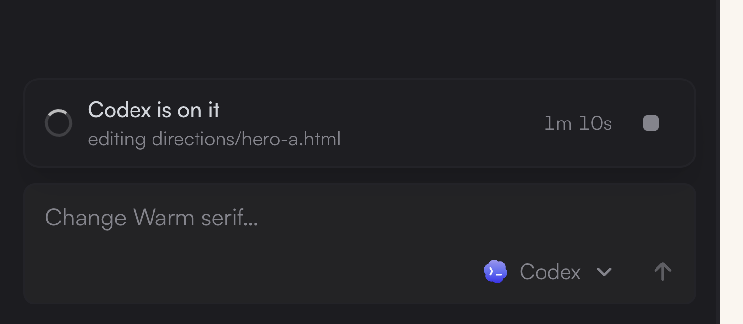 A run reporting in its card above the composer: Codex is on it, editing directions/hero-a.html, 1m 10s, a stop button
