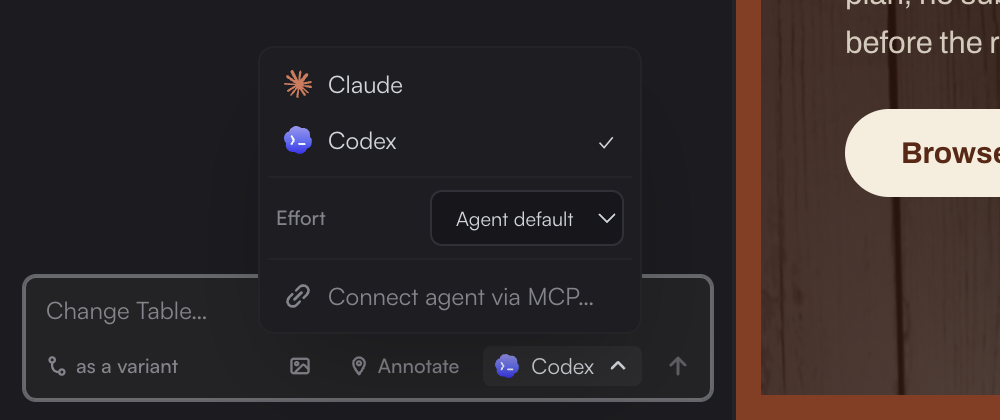 The agent picker open above the composer: Claude, Codex with a tick, an Effort row set to Agent default, and Connect agent via MCP