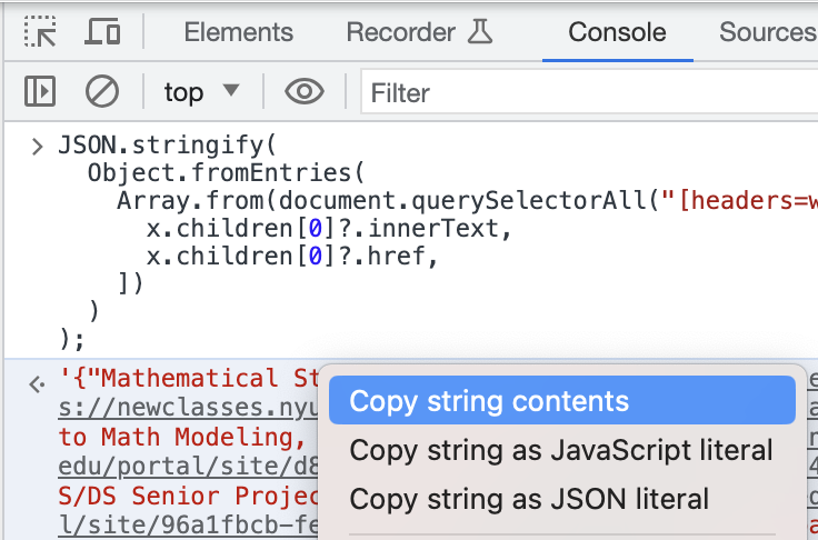 Javascript command result that we copy to the clipboard to save to a file.