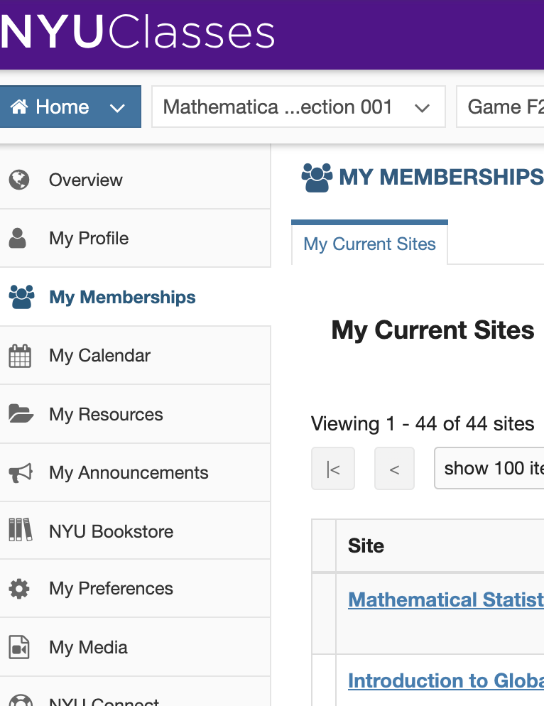 The Membership tab on the home page of newclasses.nyu.edu