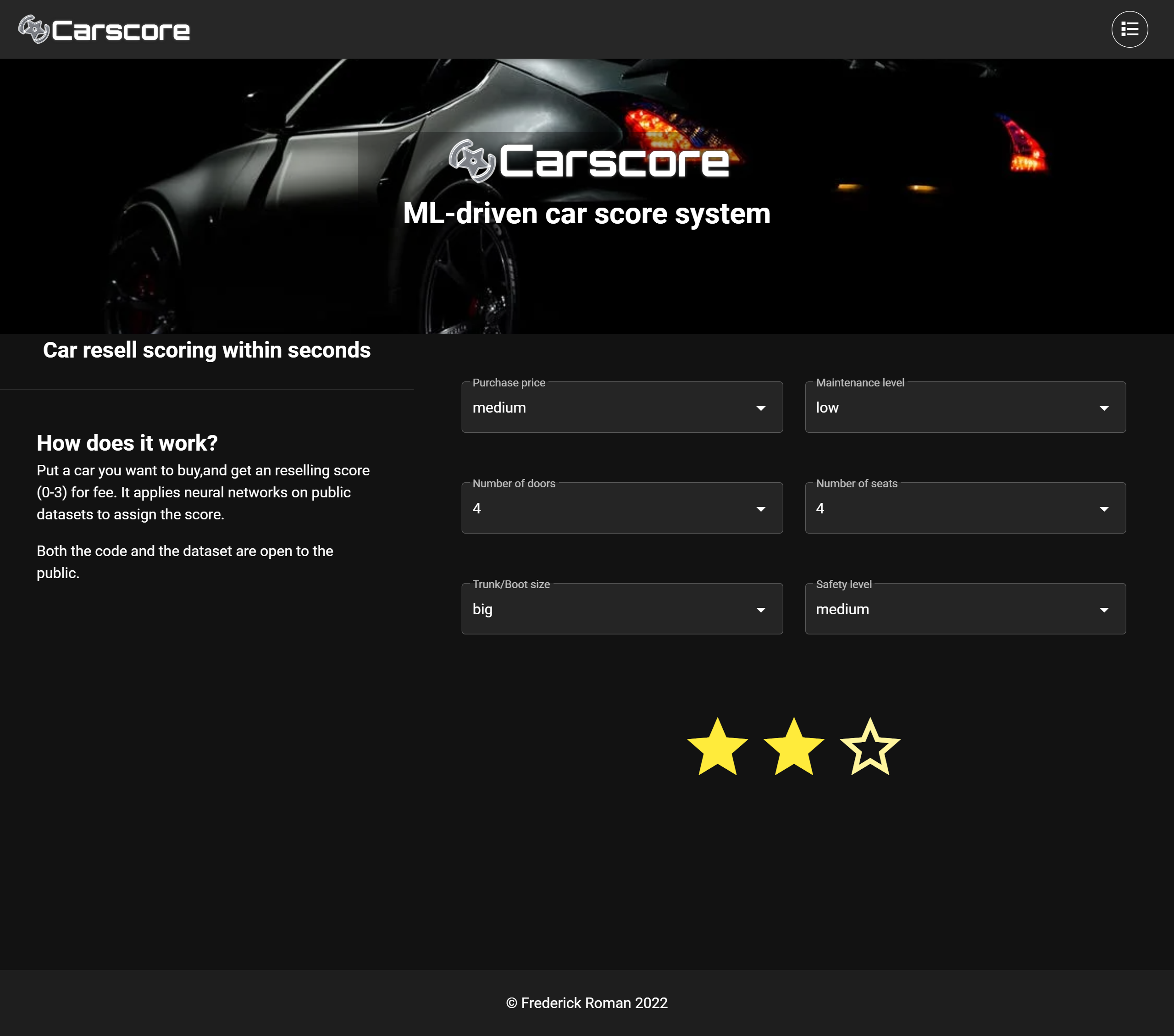 Carscore home page desktop mockup
