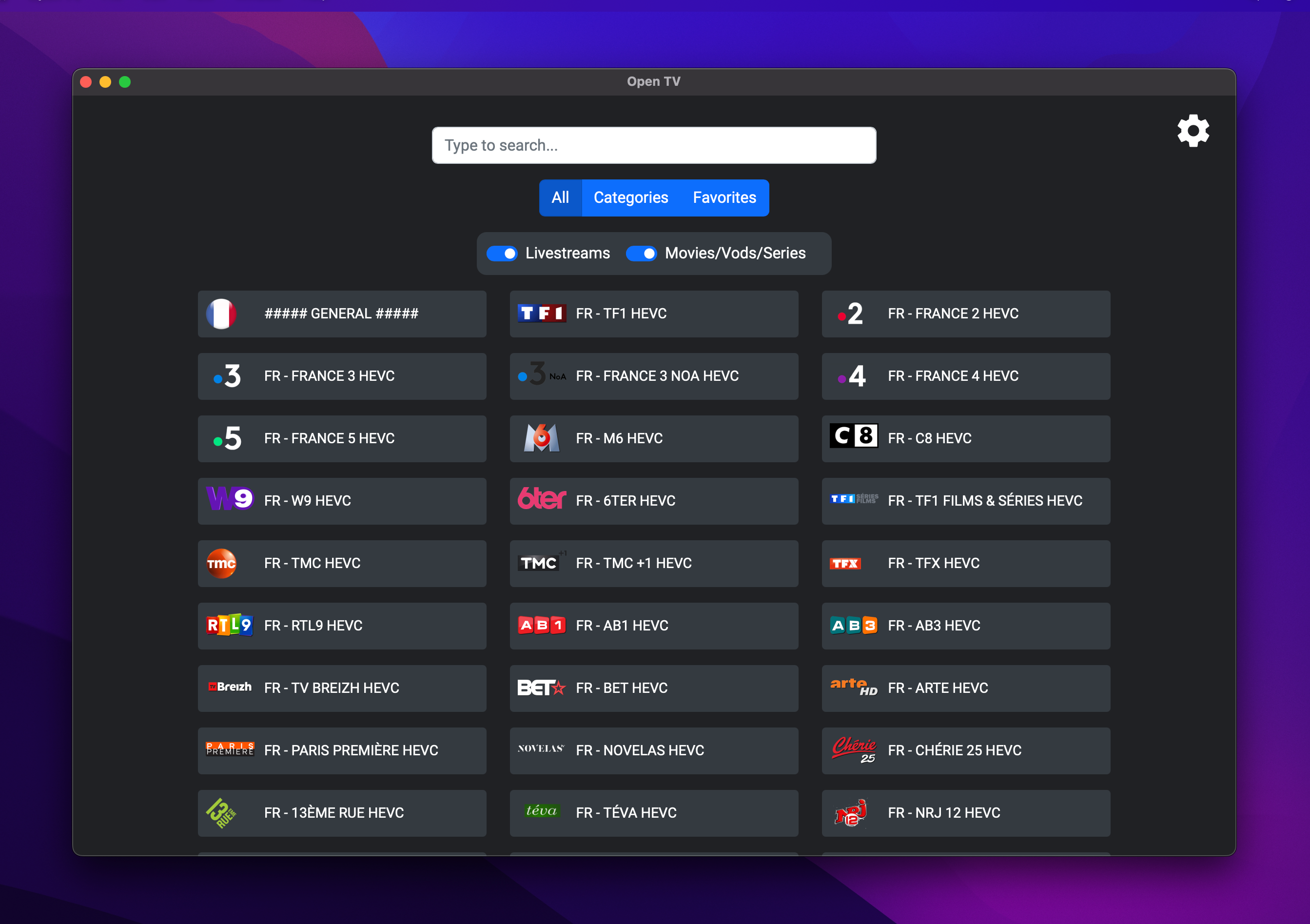 Скриншот приложения Open TV в работе