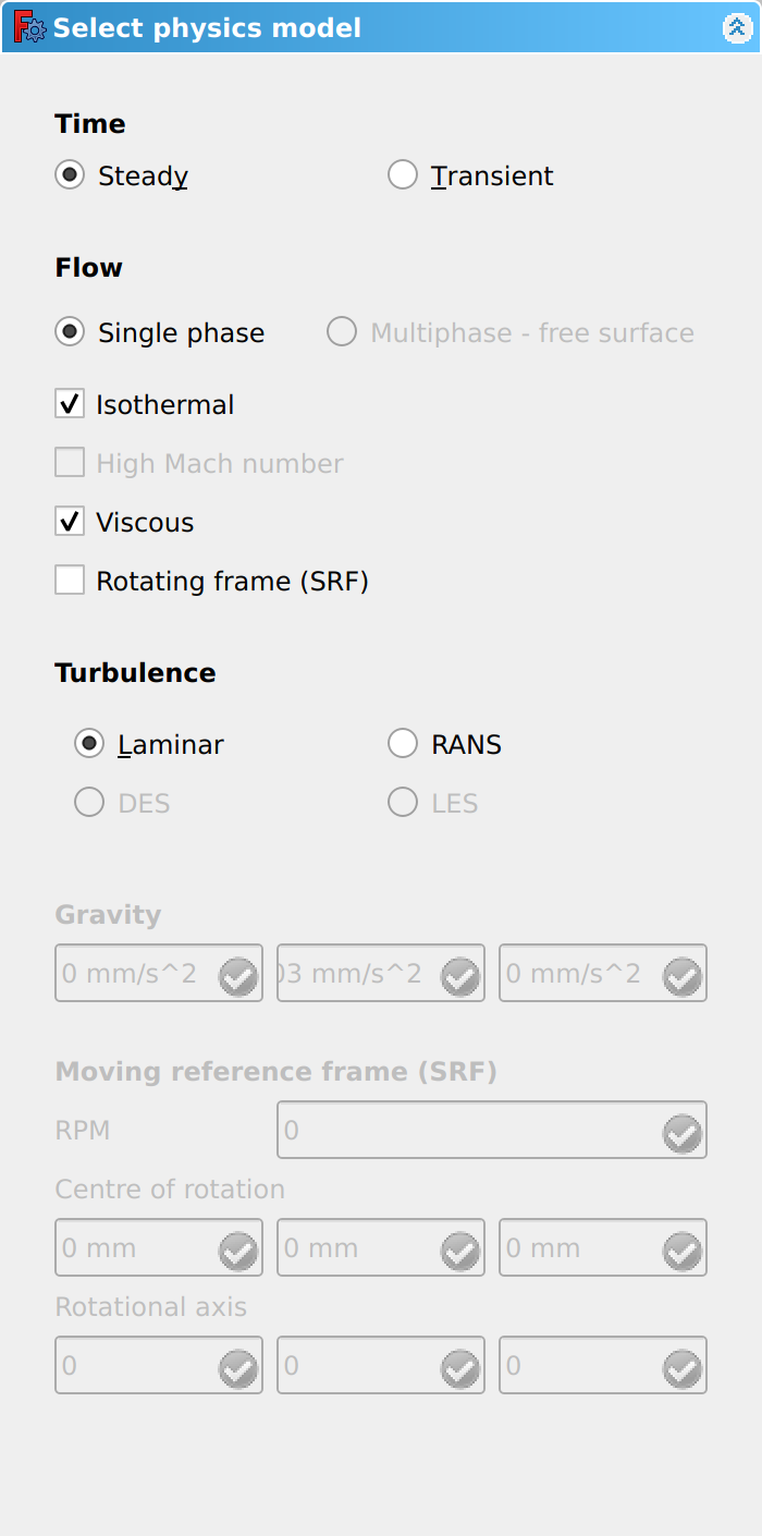 CfdOF Physics Model Dialog Panel