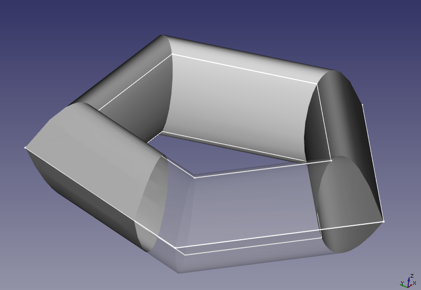 An example of a closed loft between three pentagonal profiles (white). Note the non-smooth joint at the outermost profile. This is the first profile in the closed loft.