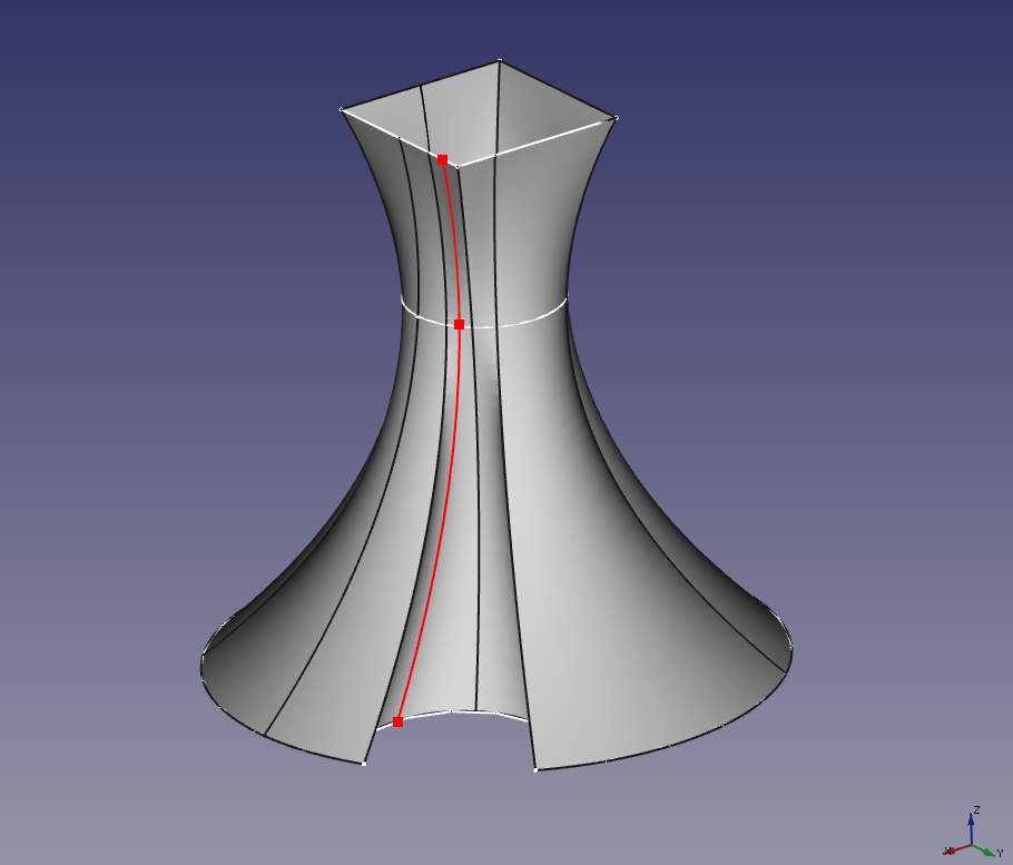 A spline interpolation curve (red) that follows the loft surface. The points to interpolate through are shown as red squares.