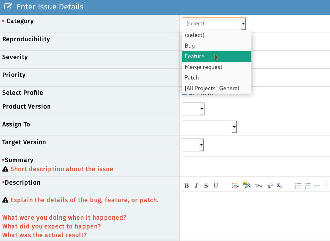 FreeCAD Bugtracker report page - use the dropdown to correctly designate what the ticket is