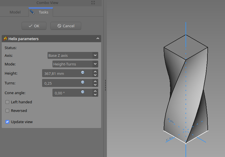 Example helix where the helix axis is normal to the sketch plane resulting in a \"Pad with twist\" effect.