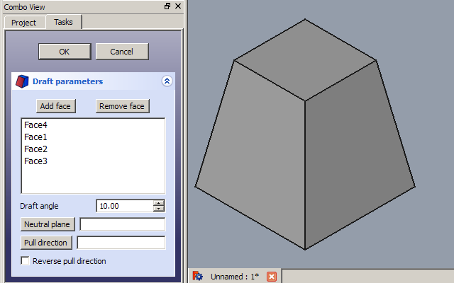 2 faces have been added, and a 10 deg. draft applied. The bottom plane has remained dimensionally stable, while the draft has made the top plane smaller.