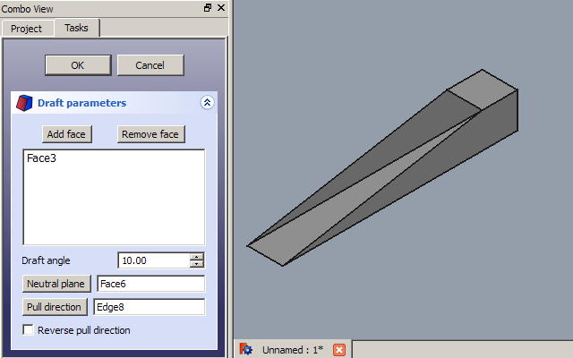 Pull direction is set to the lower right edge, resulting in the draft pulling to the left.