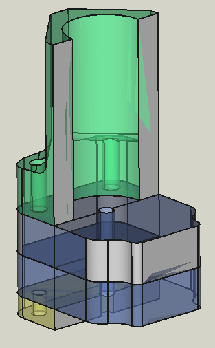 An assembly where two parts intersect each other and that are therefore not cut. Note the color artifacts at the cut face.