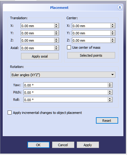 Placement task panel: {{ComboBox|Euler angles}} selected