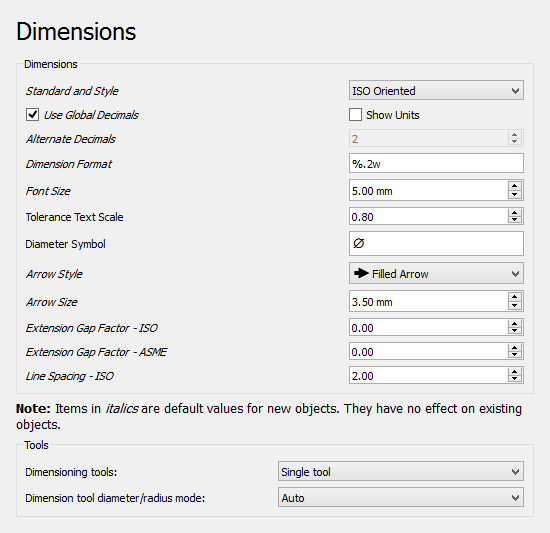 Dimensions preferences