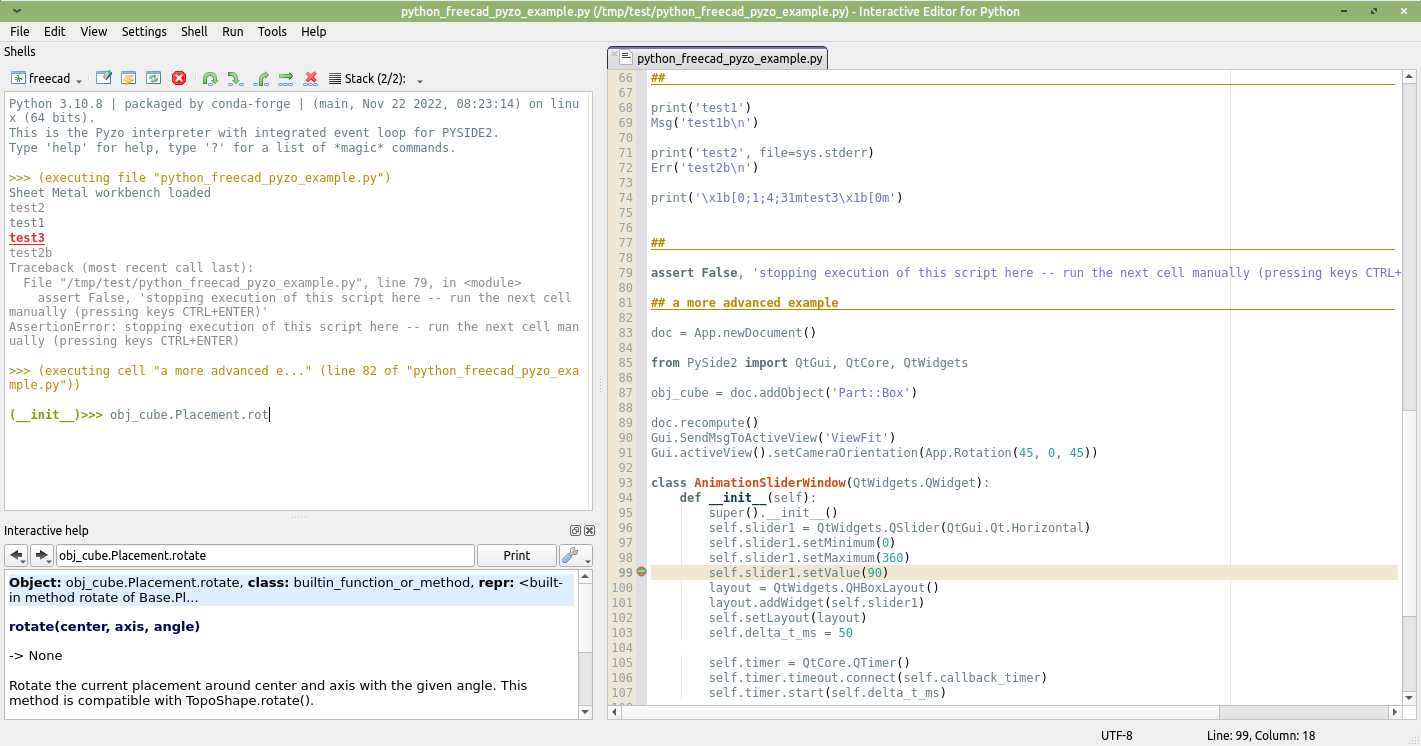 Screenshot of Pyzo running the FreeCAD Python Interpreter