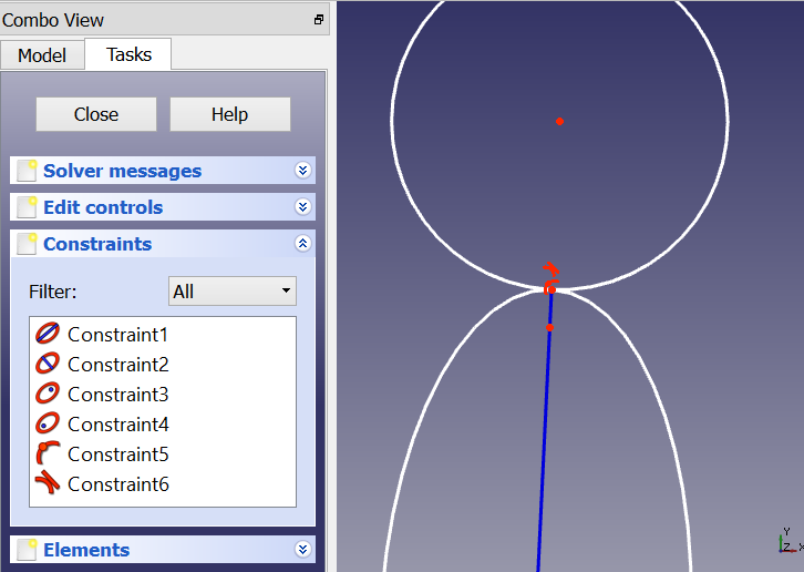 Example of a helper constraint (Constraint5 - point on circle) for a tangent constraint (Constraint6; in tangent-via-point mode). Only one helper constraint is used in this case, since the point of tangency is the endpoint of ellipse\'s major diameter, which inherently lies on the ellipse.