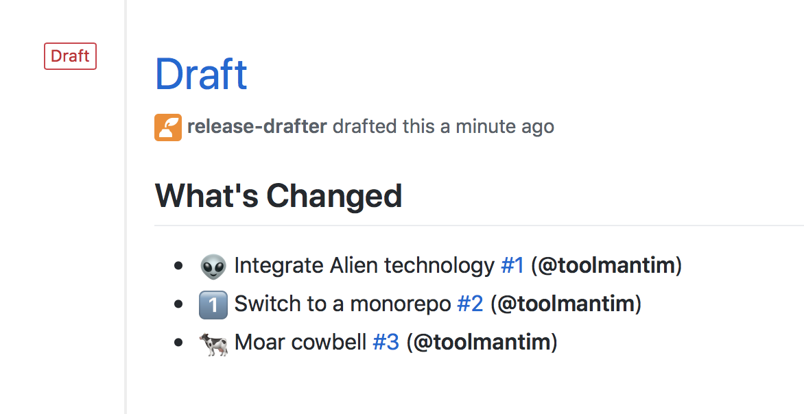 Screenshot of generated draft release