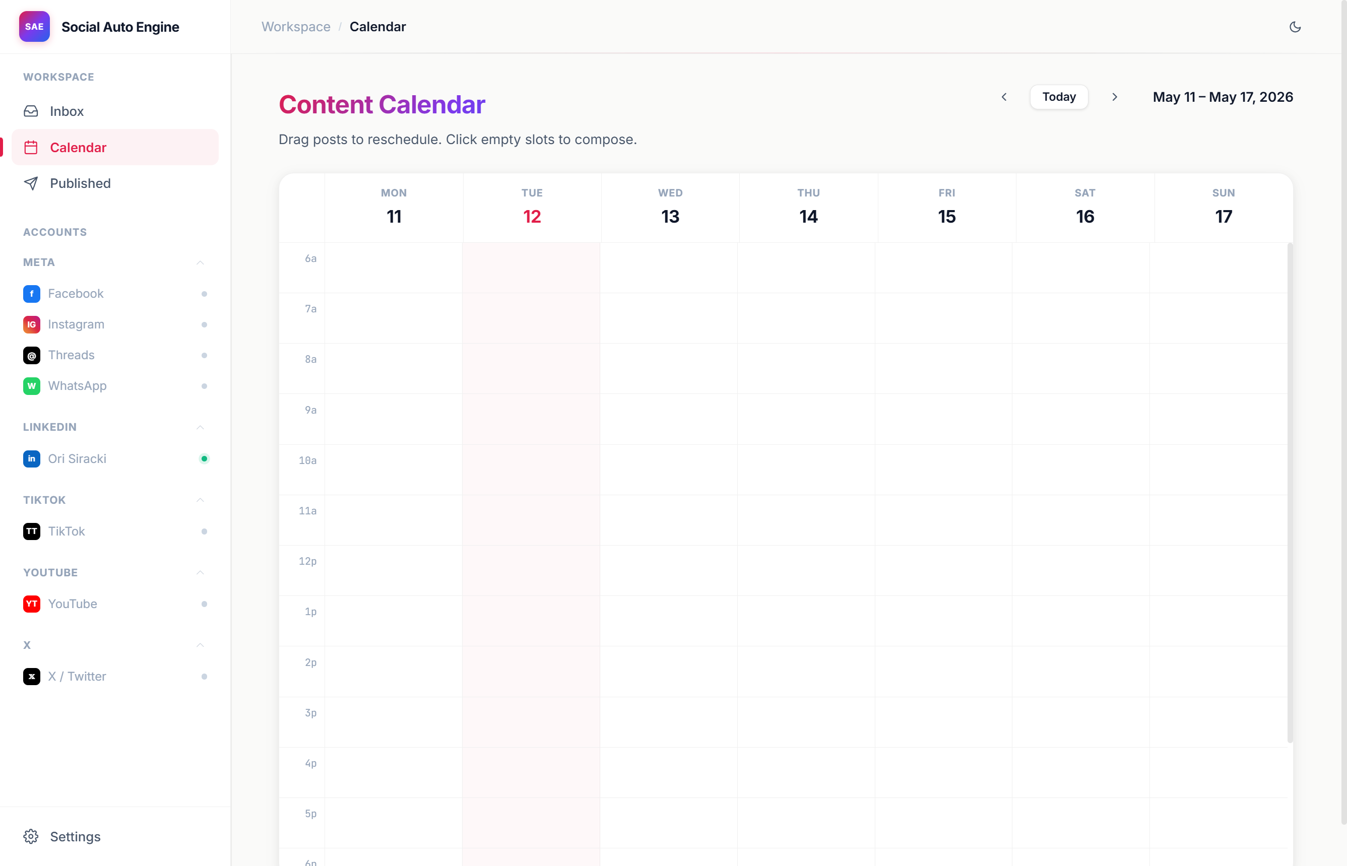 Calendar — scheduled posts across every connected account on one timeline