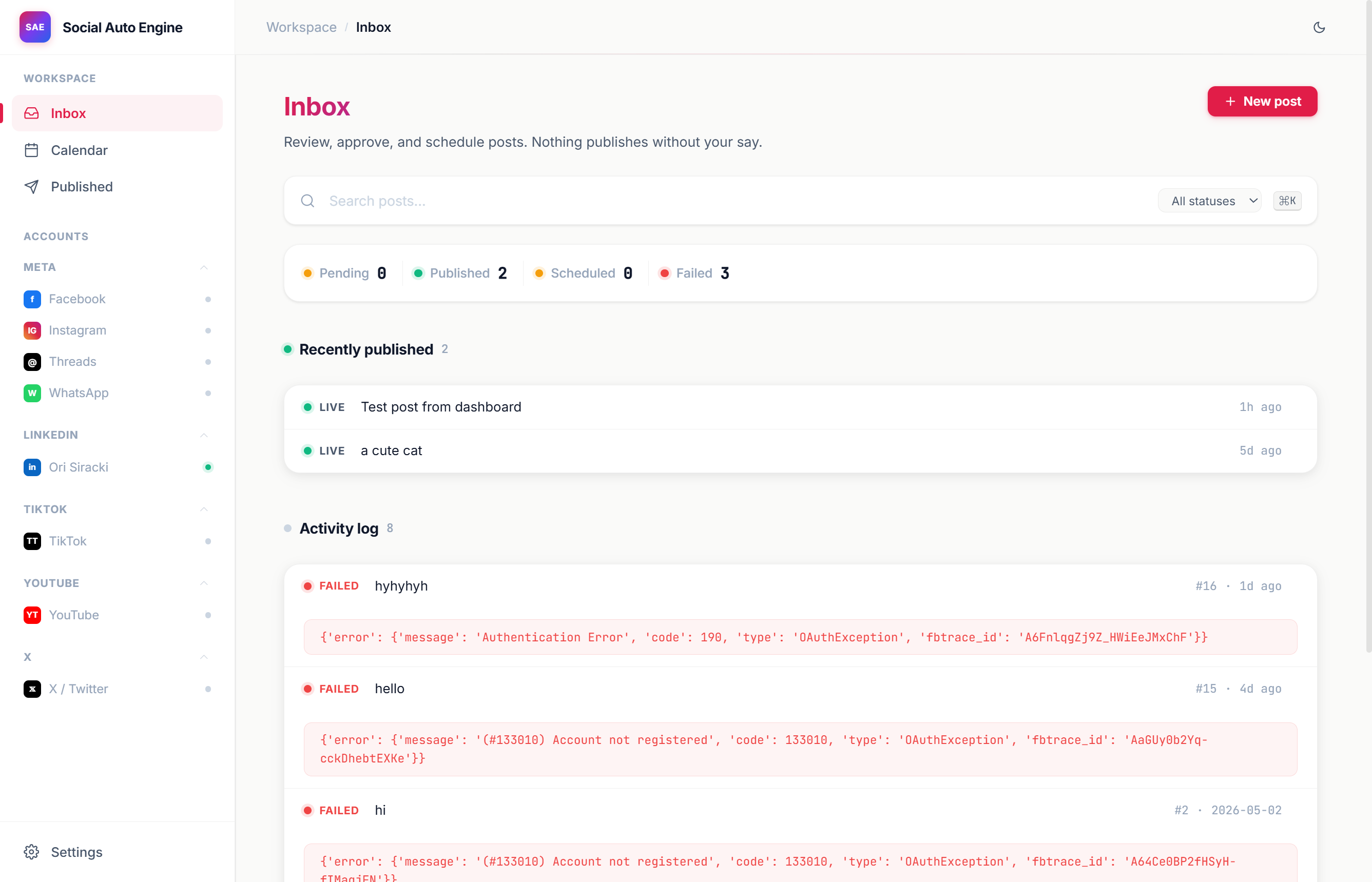 Inbox — approval queue with pending, published, scheduled, failed columns