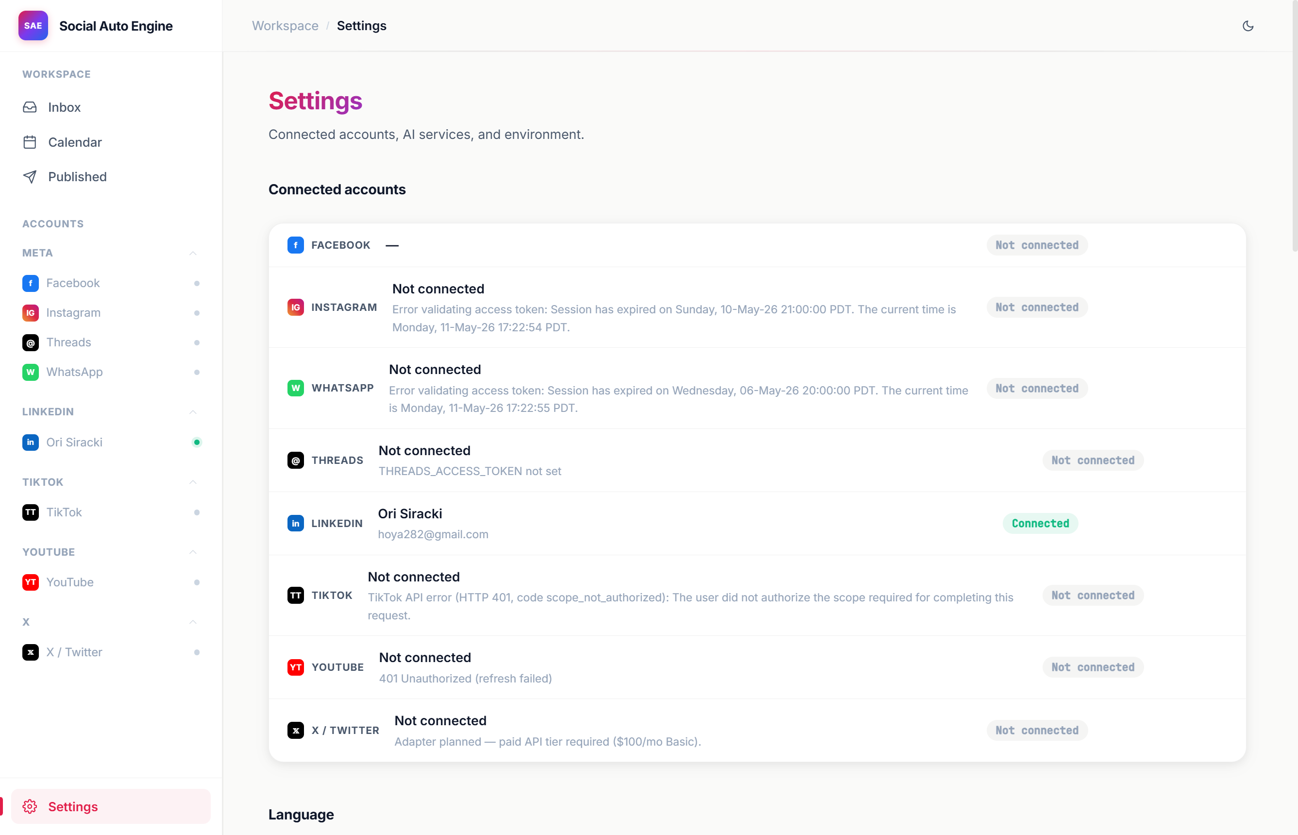 Settings — paste your own AI provider keys, save, test