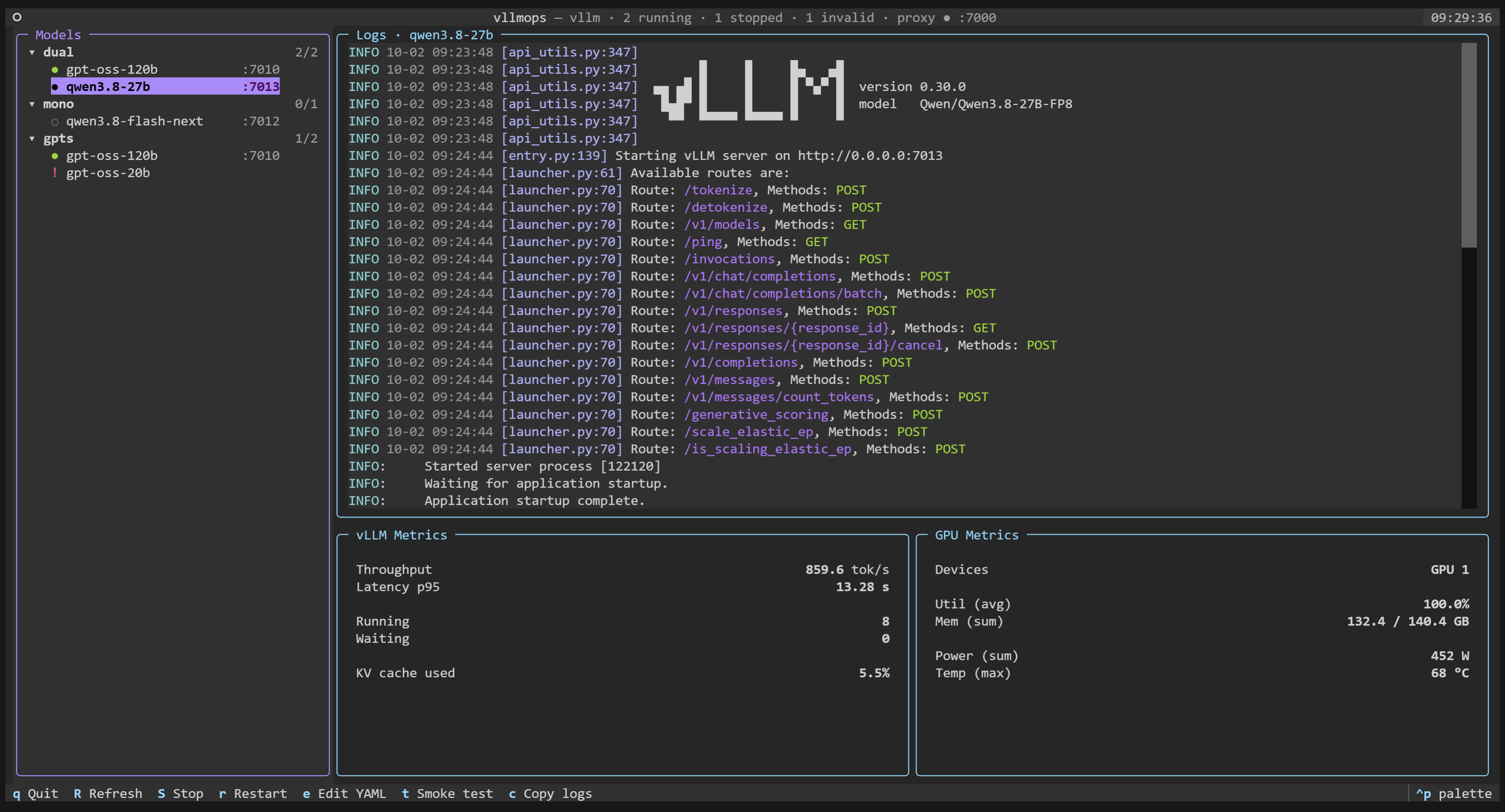 vllmops TUI with two models running behind the LiteLLM gateway, live vLLM and GPU metrics, and the selected model's log