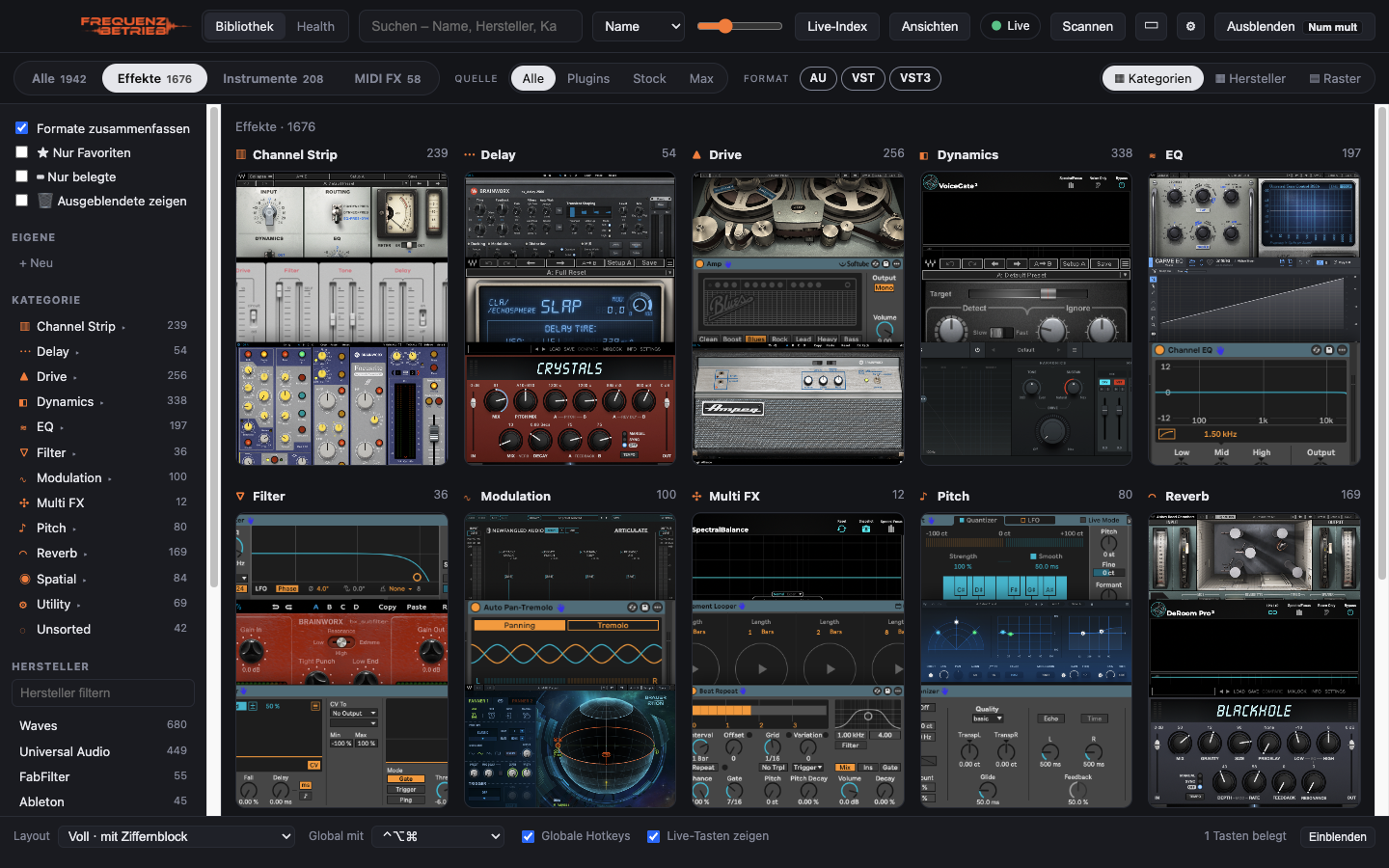 Der FREQUENZBETRIEB Plugin Organizer mit Kategorien, Vorschaubildern und Tasten-Mapping