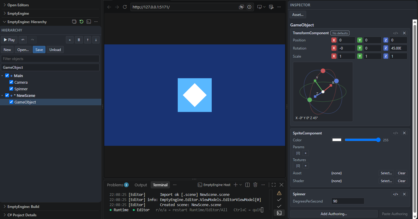 VS Codeのサイドバーに開いたEmptyEngineのヒエラルキーとインスペクタ