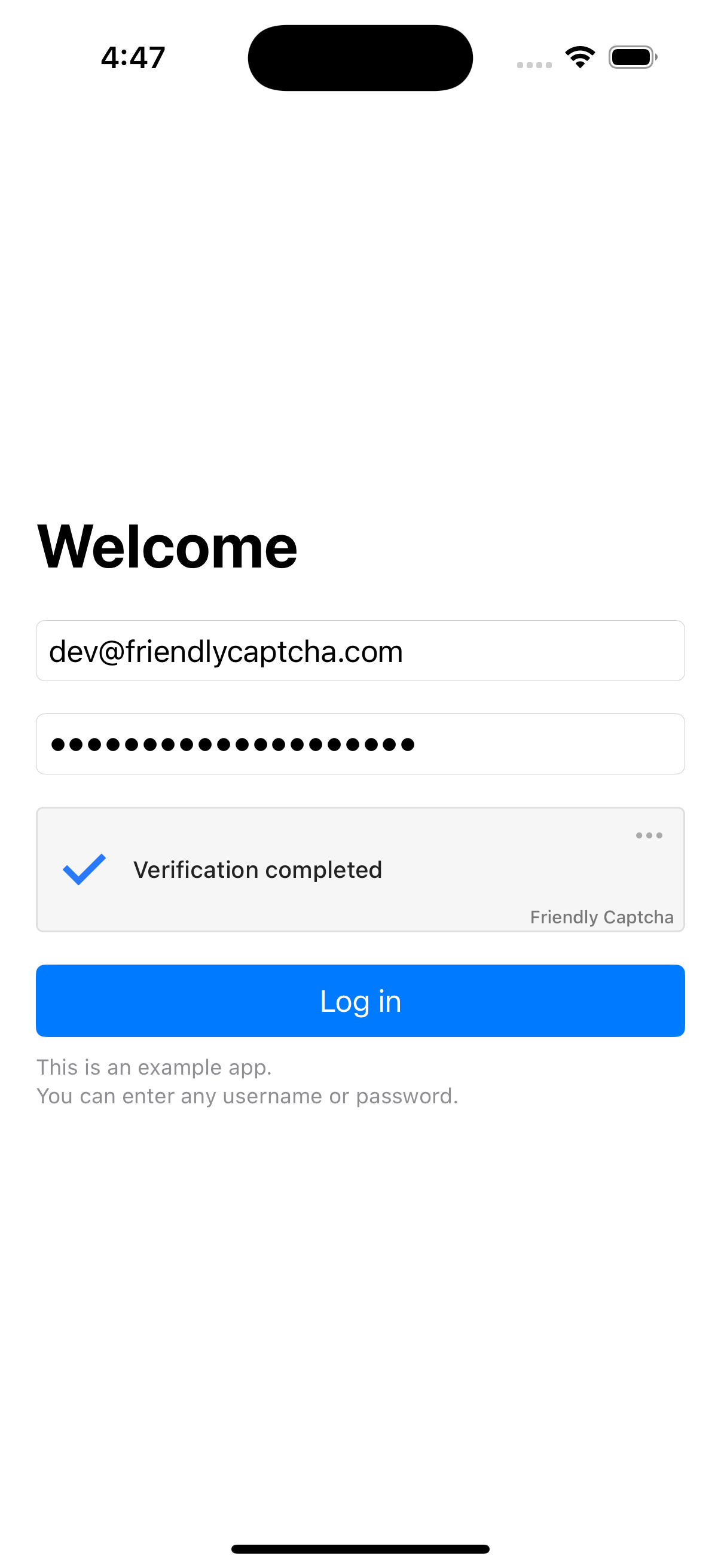 An example enabled login page with Friendly Captcha