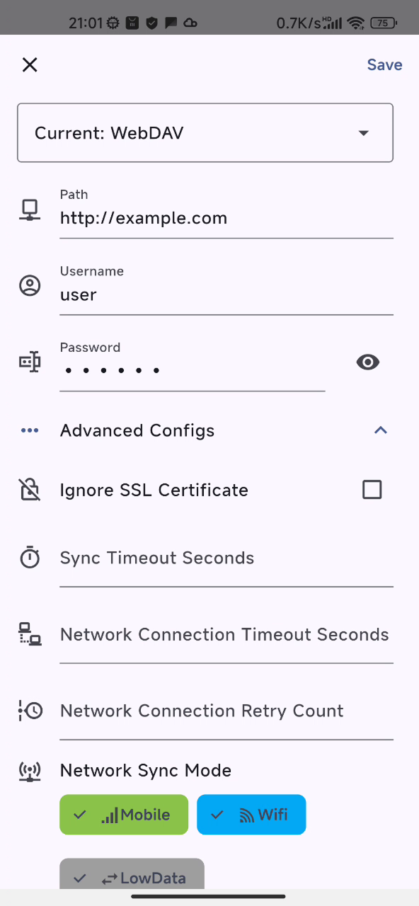 WebDAV sync configuration