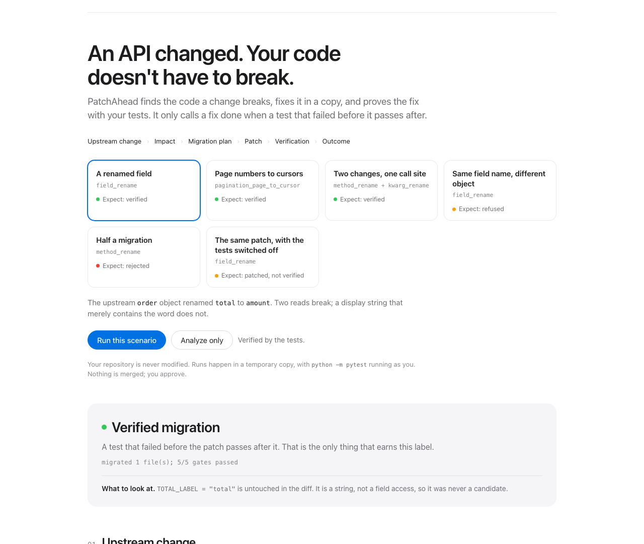 A verified migration in the PatchAhead demo