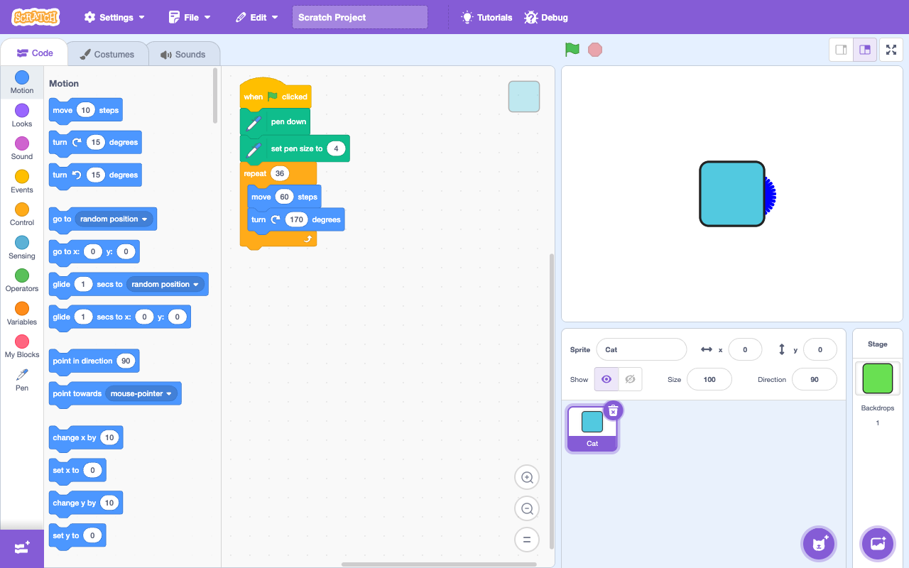 An AI-authored Scratch project compiled and running in the live editor — the assembled blocks on the left were produced from text by the compiler; the stage shows the pen drawing it just ran.