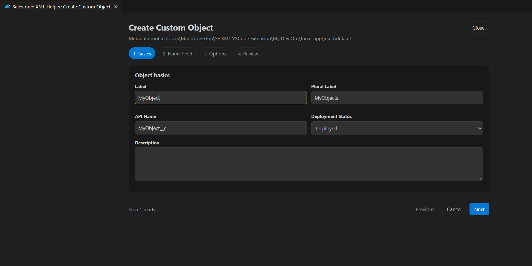 Create custom object wizard