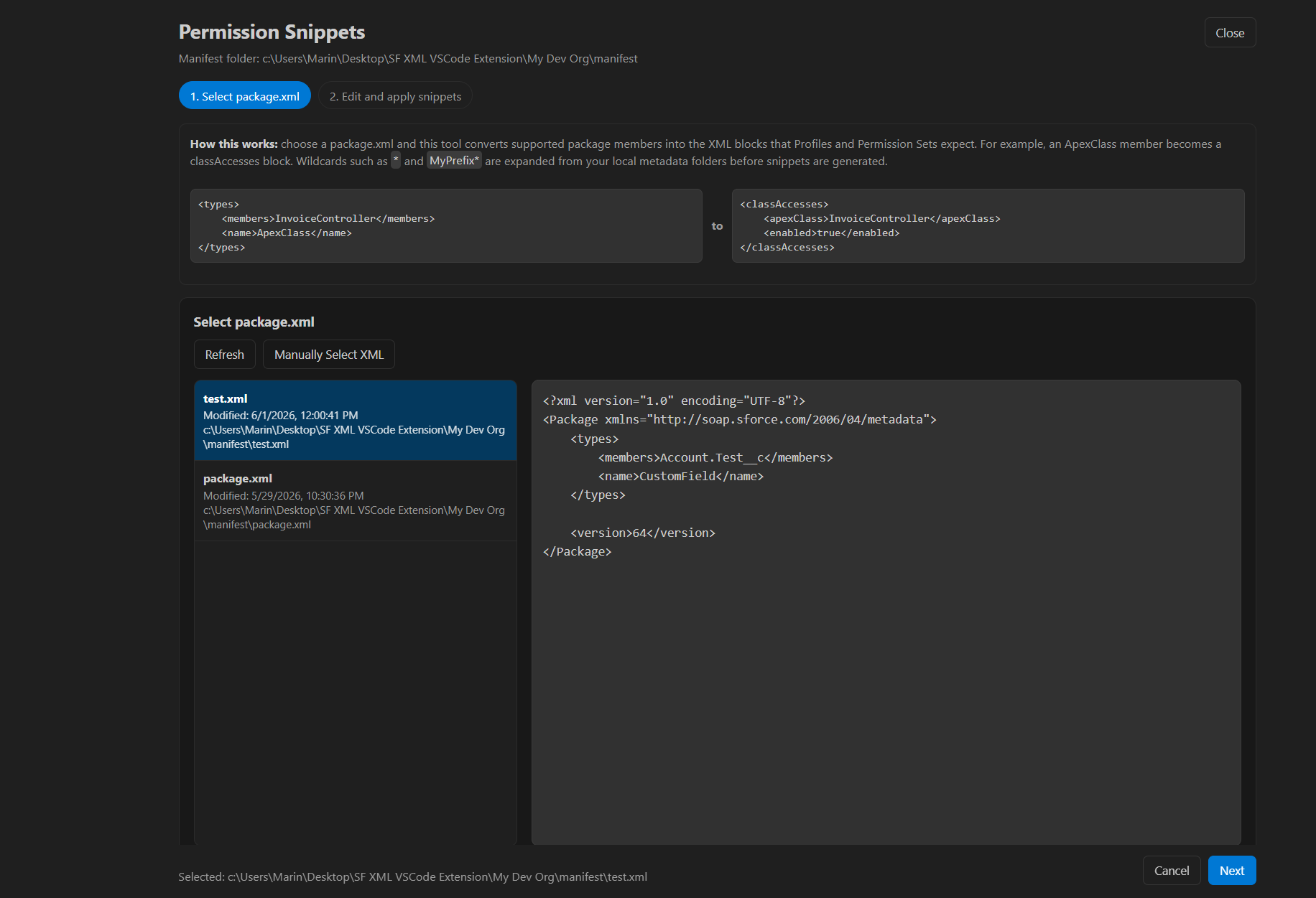 Permission snippets package selection