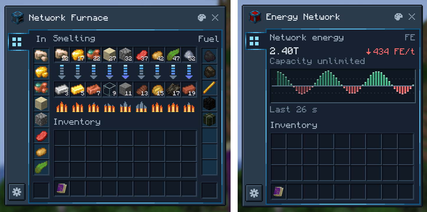 A Network Furnace mid-smelt and the Energy Network screen