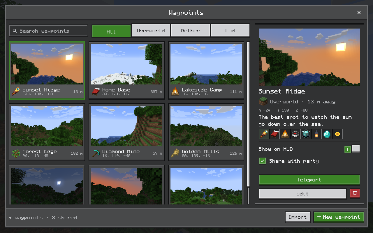 A waypoint browser built with CompixelUI in Minecraft: a grid of location previews and a details panel