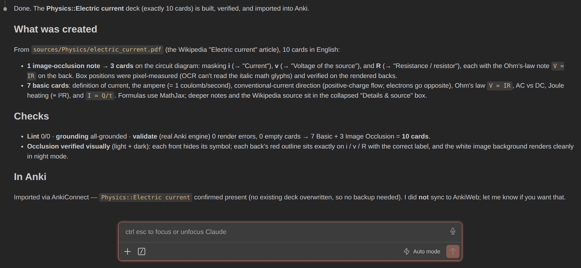 Claude's final report: 10 cards built, checked and imported into Anki