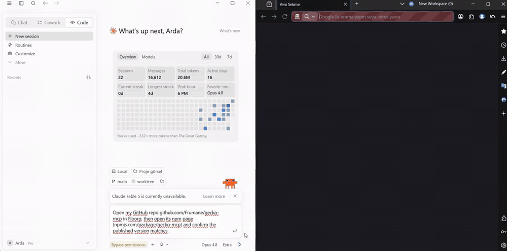 Claude driving Floorp via gecko-mcp — opening the GitHub repo and the npm page from a natural-language prompt