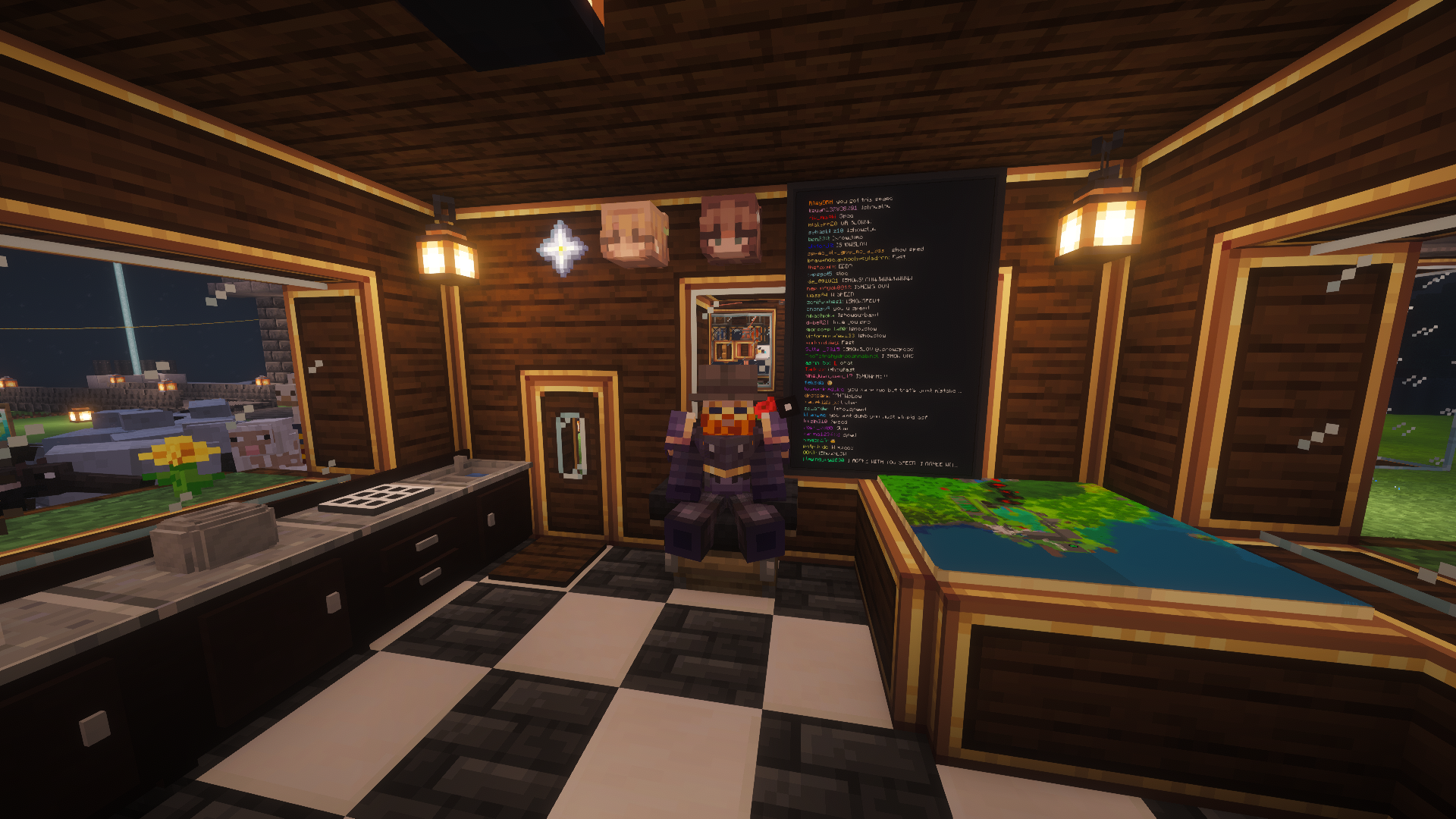 A cozy cabin room with a merged tablet wall streaming live Twitch chat — colored usernames scrolling down the glass while a player sits watching
