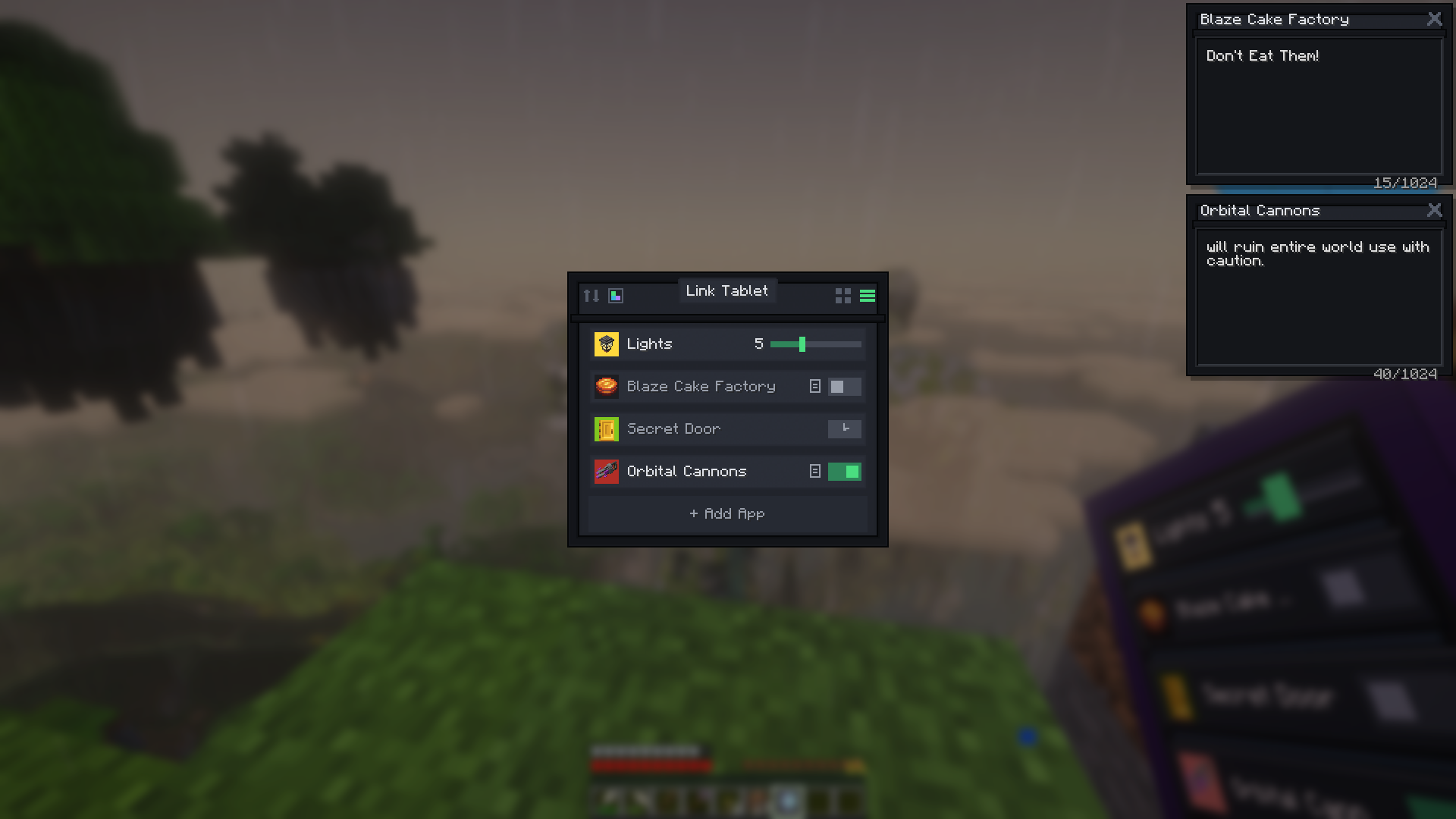The tablet GUI over a floating-island vista — a slider, a timer, and toggle apps in the list, two sticky-note windows pinned beside it, and a placed tablet in the corner