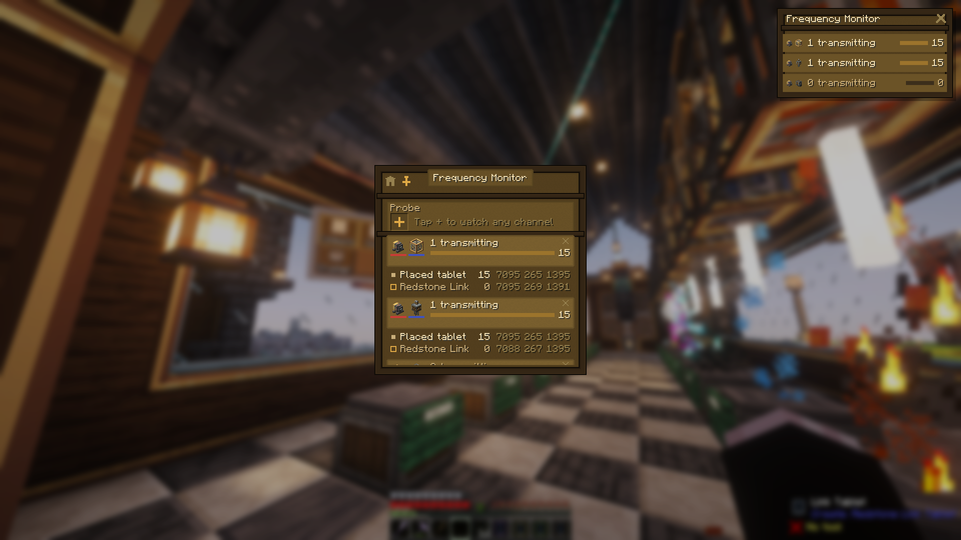 The Frequency Monitor GUI open in a working assembly hall — two channels with classified member rows (a placed tablet and a Redstone Link), while the overlay pin mirrors the same channels on the HUD