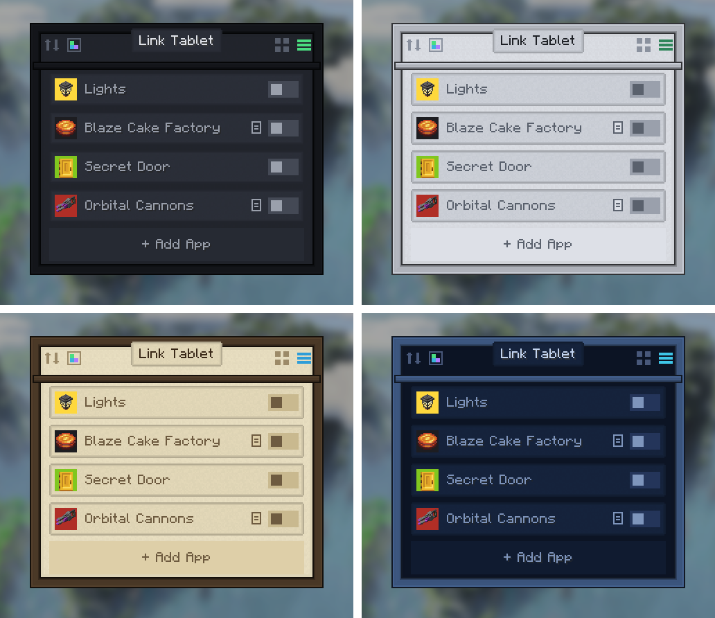 The tablet GUI in four themes — Dark, Light, Parchment, and Avionics