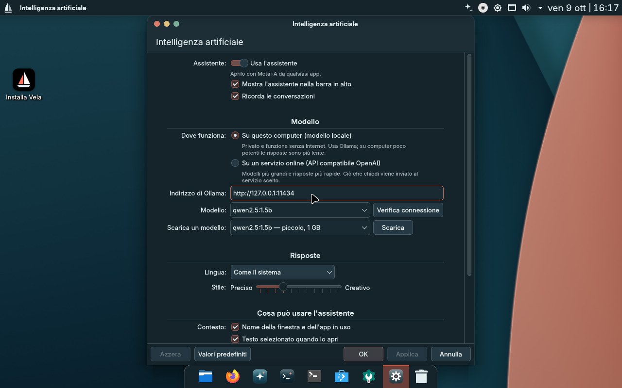 Impostazioni assistente, tema scuro