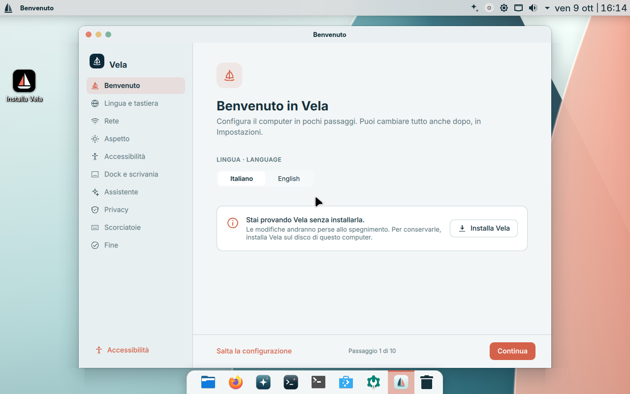 Schermata reale del benvenuto VelaOS in VirtualBox