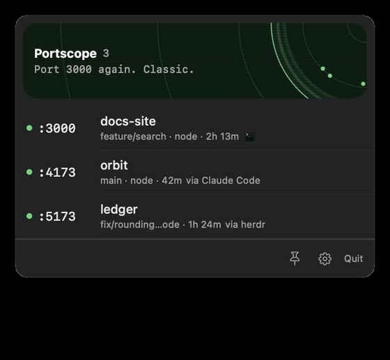 Portscope in action: a server appears, one is stopped and fades off the radar, a ping goes out