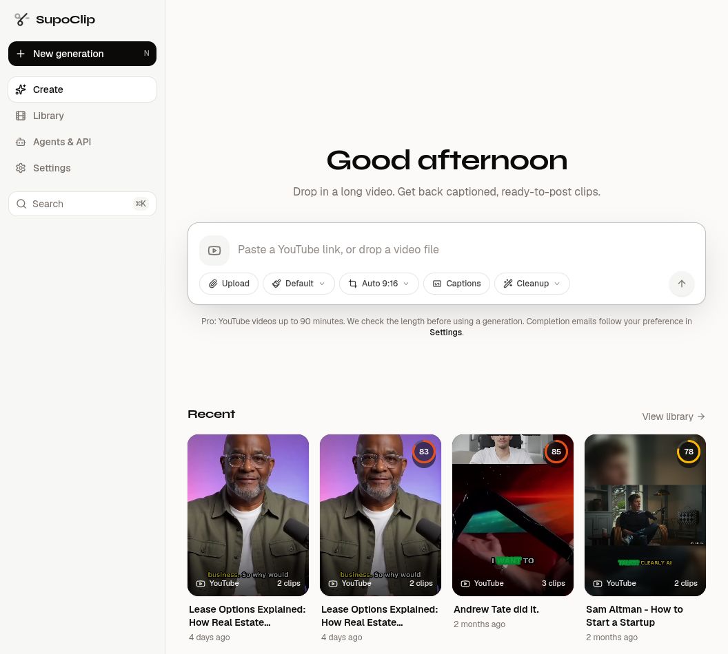 SupoClip dashboard with video input, caption controls, and recent clips