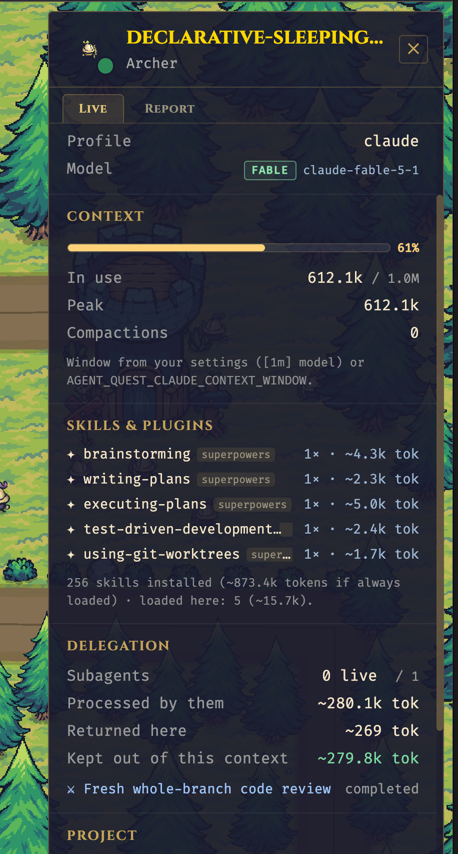 Detail panel of a main agent: context window, skills and delegation